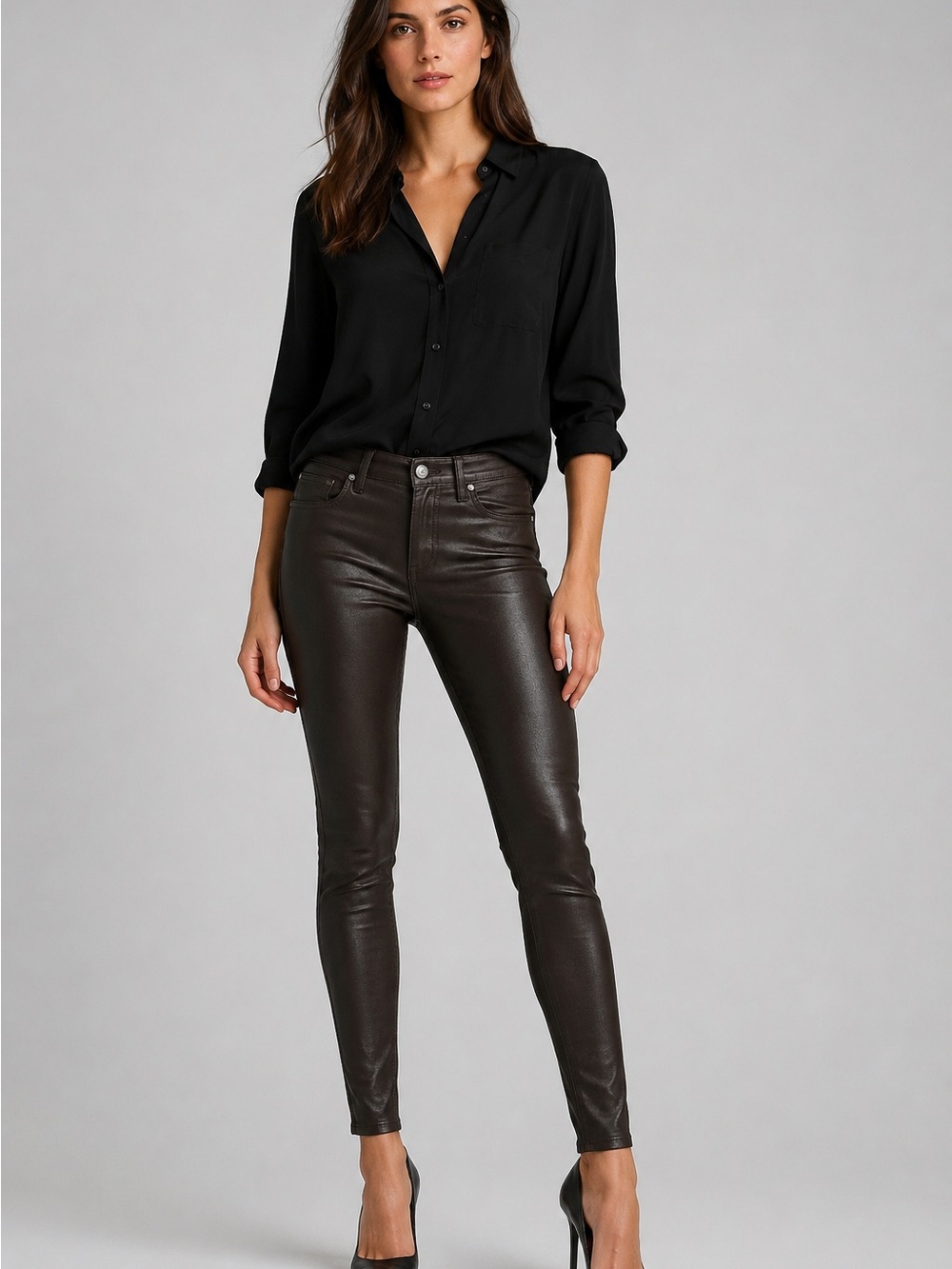 7 For All Mankind Wax Coated Skinny Jeans
Women’s Brown Coated Denim Pants
